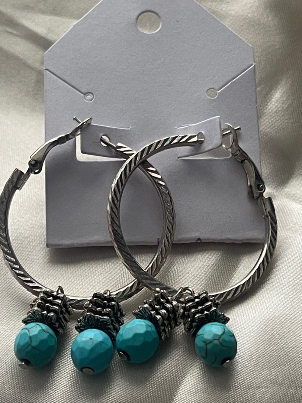 Sterling Silver Hoop Earrings with Turquoise Bead Charms - Women Jewelry